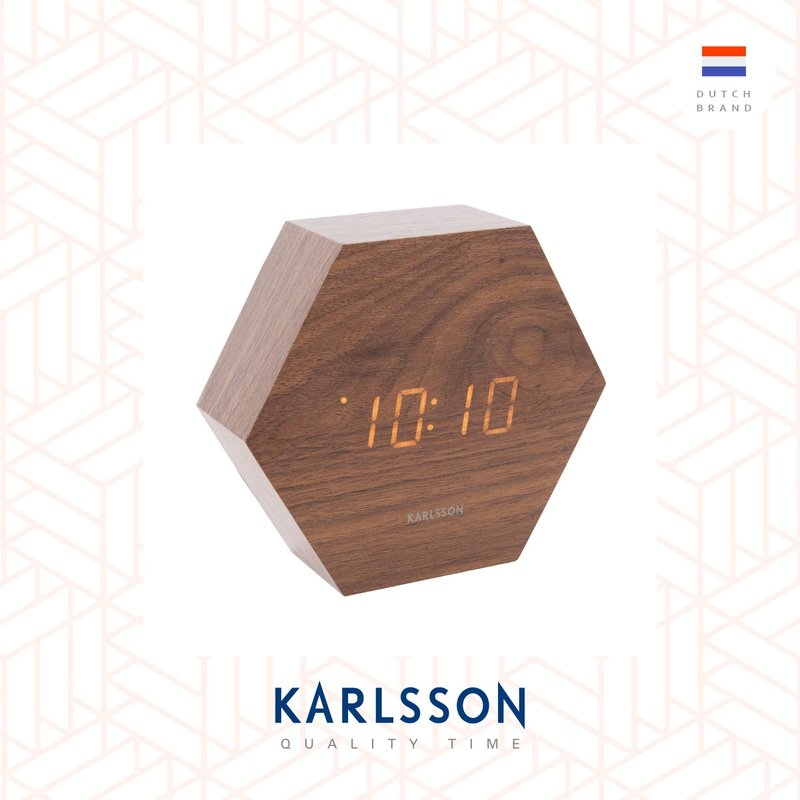 Karlsson, 木纹LED闹钟 Alarm clock Hexagon wood veneer dark - 时钟/闹钟 - 木头 咖啡色