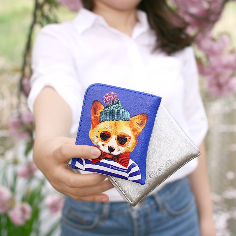 STILL AND CHEW 时尚动物拉链短夹 \ 皮夹 - GENTLE FOX - 皮夹/钱包 - 真皮 蓝色