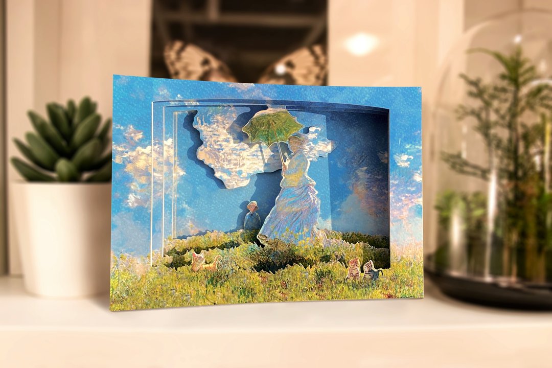 【立体名画卡片】莫内阳伞夫人 / 夏日微风的漫步 -精美万用卡 - 卡片/明信片 - 纸 蓝色