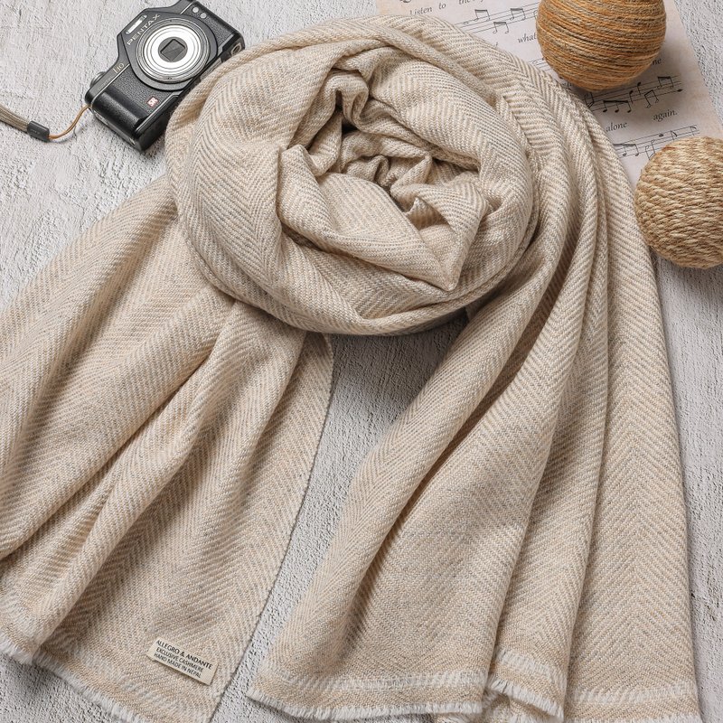 【厚款】喀什米尔羊毛围巾/披肩  斜纹无染原色米褐 手工机织 - 围巾/披肩 - 羊毛 金色