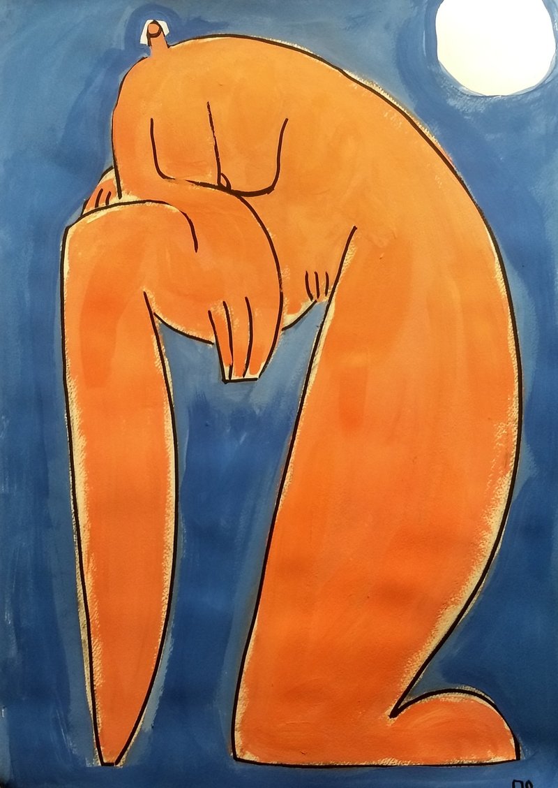 红发裸体跪地未经审查的立体主义风格裸体模特儿绘画 - 海报/装饰画/版画 - 纸 