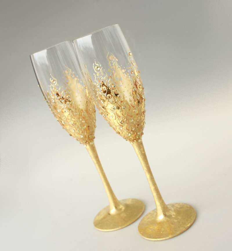 Gold Wedding Champaghe Glasses,  hand-painted , set of 2 - 酒杯/酒器 - 玻璃 金色