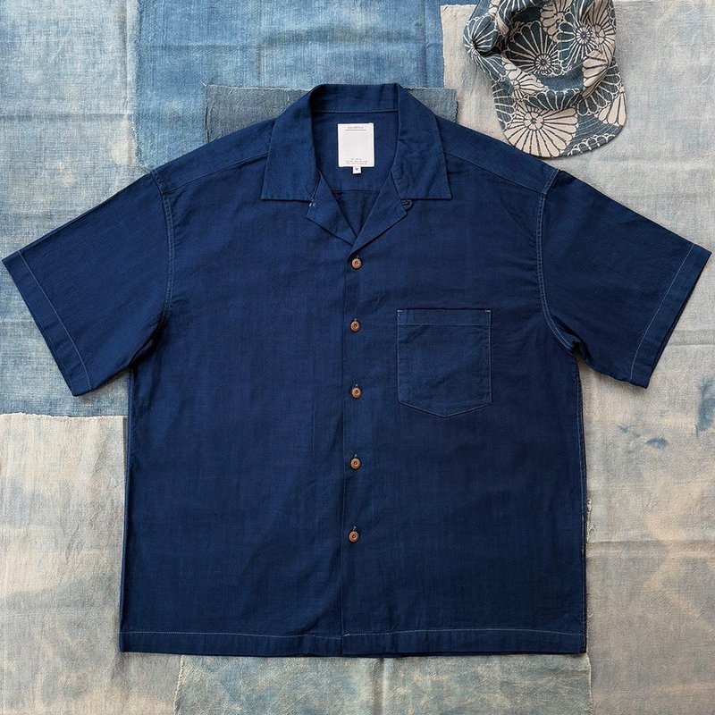 MajorFolk 手工植物蓝染 日系复古宽松口袋男短袖衬衫 indigo - 男装衬衫 - 棉．麻 蓝色