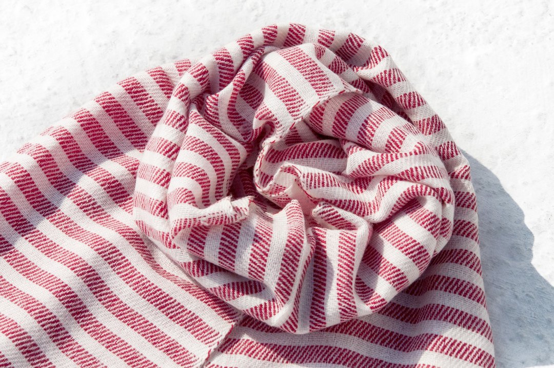 喀什米尔Cashmere/针织围巾/纯羊毛围巾/羊毛披巾-法式红白条纹 - 围巾/披肩 - 羊毛 红色