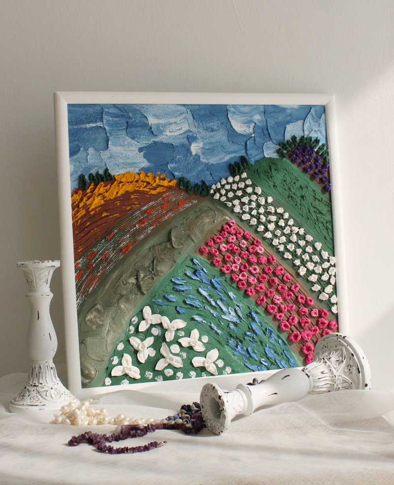 Textured flowers fields, original sculptural painting, 3d floral painting - 墙贴/壁贴 - 其他材质 