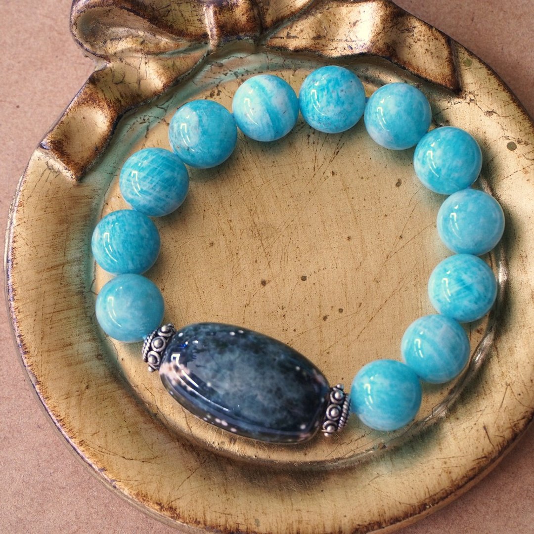 超大颗海洋碧玉 大颗天河石 纯银 手环 BIG OceanJasper Bracelet - 手链/手环 - 半宝石 蓝色