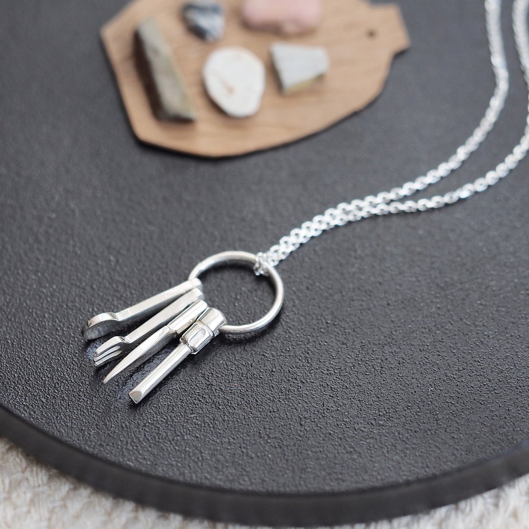 Mini Outdoor Tool Set Men's Necklace Silver 925 - 项链 - 其他金属 银色