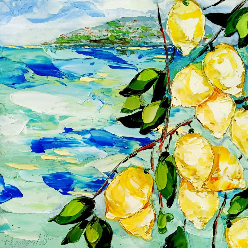 阿马尔菲意大利绘画水果原创艺术 10x10 海岸厚涂艺术 - 墙贴/壁贴 - 其他材质 蓝色