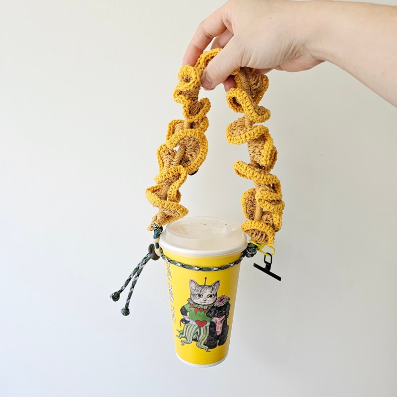 编织两用手机挂绳/饮料提绳 - 澄花 - 随行杯提袋/水壶袋 - 棉 黄色