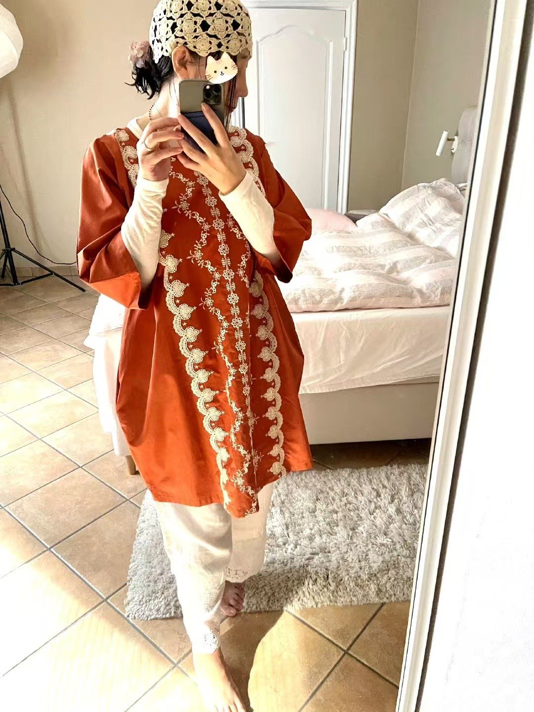 轻汉服丝光棉 刺绣茧型阔袖中长连衣裙 - 洋装/连衣裙 - 棉 