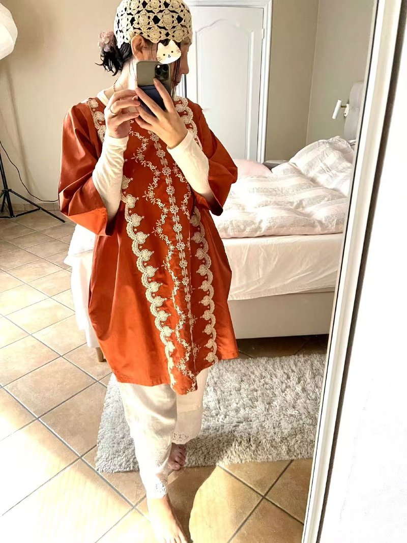 轻汉服丝光棉 刺绣茧型阔袖中长连衣裙 - 洋装/连衣裙 - 棉 