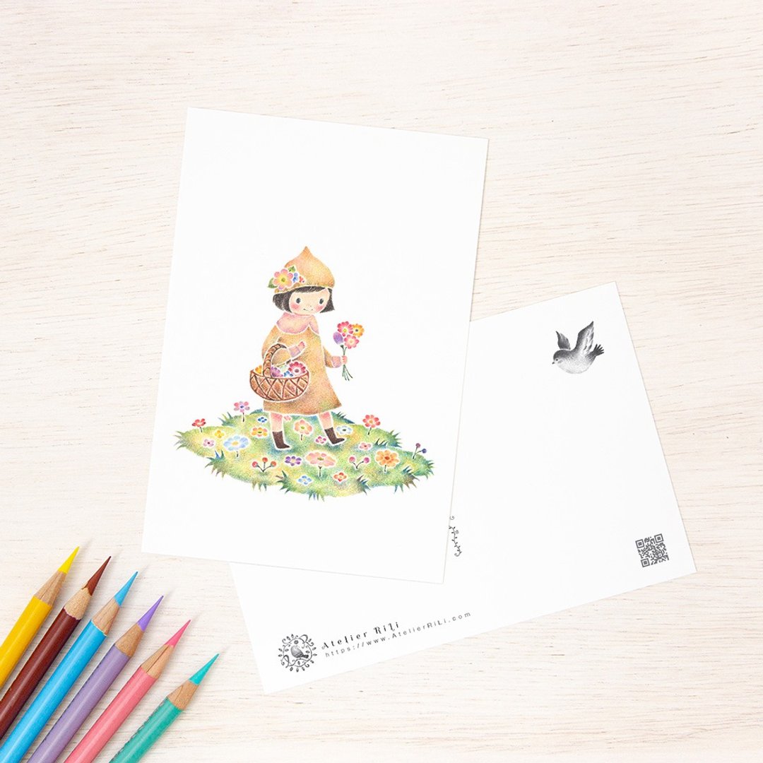 五张一组。宛如绘本般的明信片“摘花中的女孩赛拉” PC-305 - 卡片/明信片 - 纸 粉红色