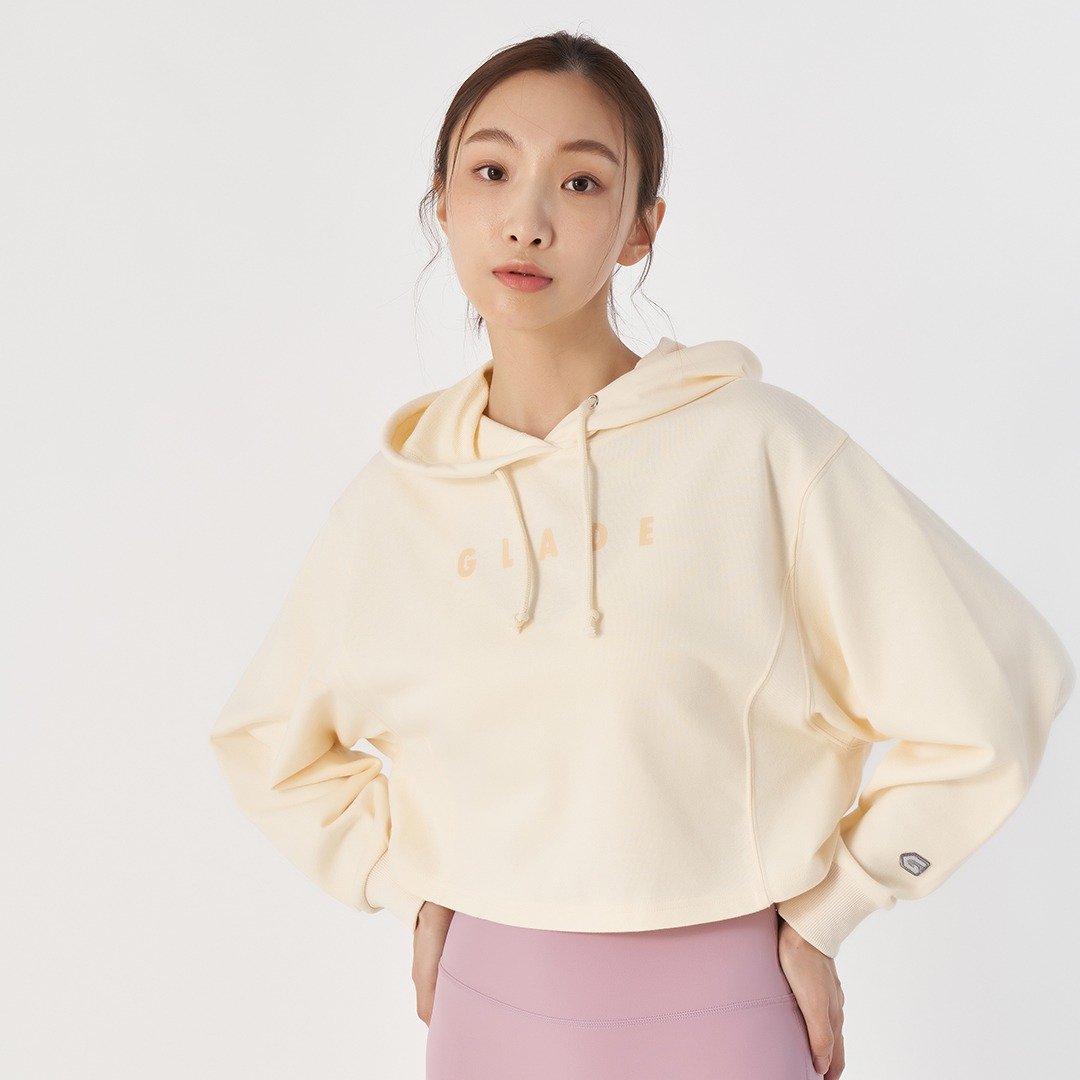 【GLADE.】Fluffy 法式毛圈短版连帽 长袖上衣 (米色) - 女装运动衣 - 棉 白色
