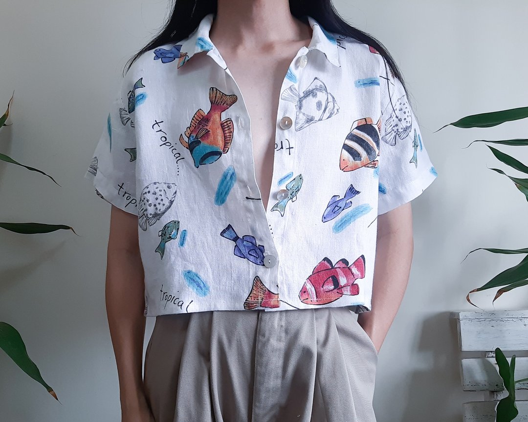 复古款 100% 亚麻露脐鱼纹沙滩衬衫 短袖 中号 - 女装衬衫 - 棉 多色