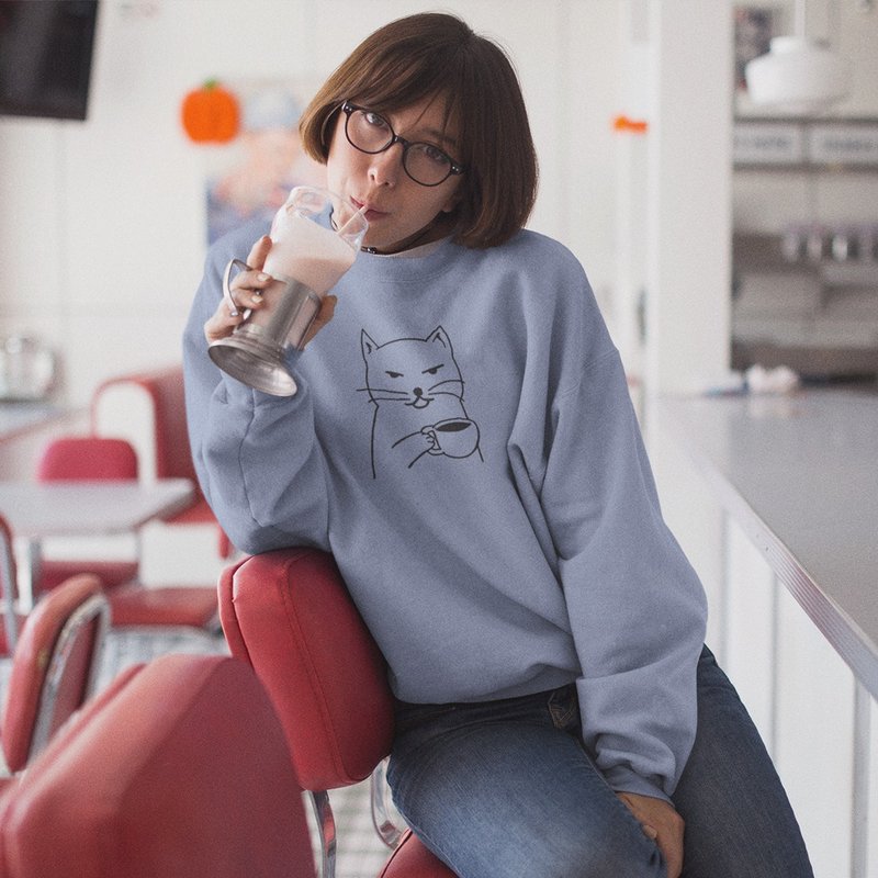 Cat Coffee 刷毛 大学T 中性版 星空灰 猫咪咖啡猫之日礼物秋冬 - 女装上衣 - 其他材质 灰色