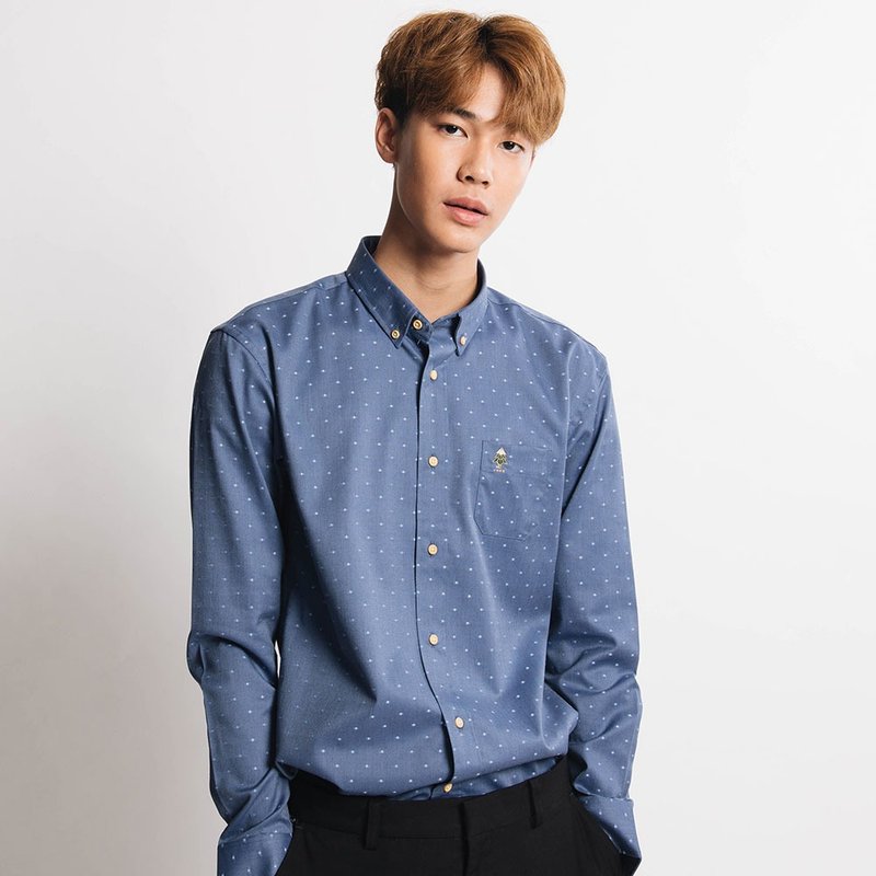 (尺寸 S) 松树 // 蓝点 // 男士修身版型 - 男装衬衫 - 棉．麻 蓝色