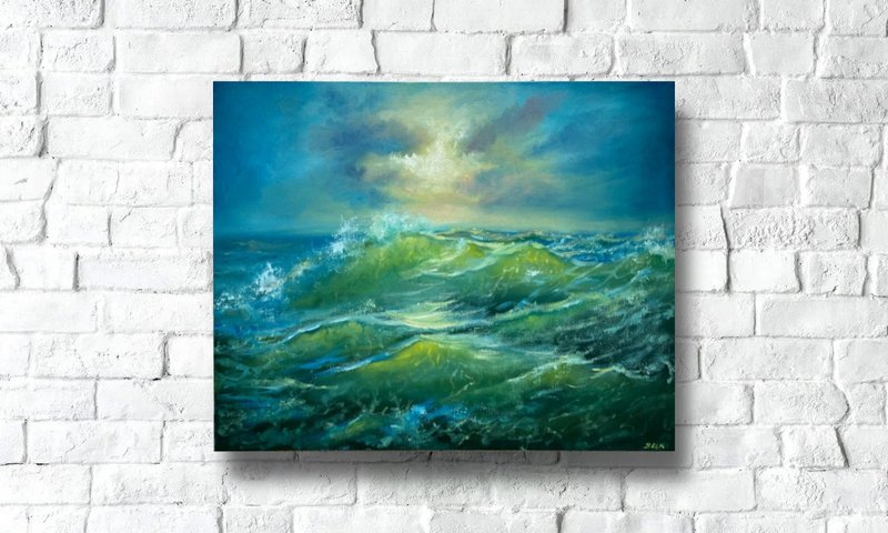 蓝色海洋绘画、原创油画海景艺术、海洋墙装饰、手工艺术 - 海报/装饰画/版画 - 其他材质 蓝色