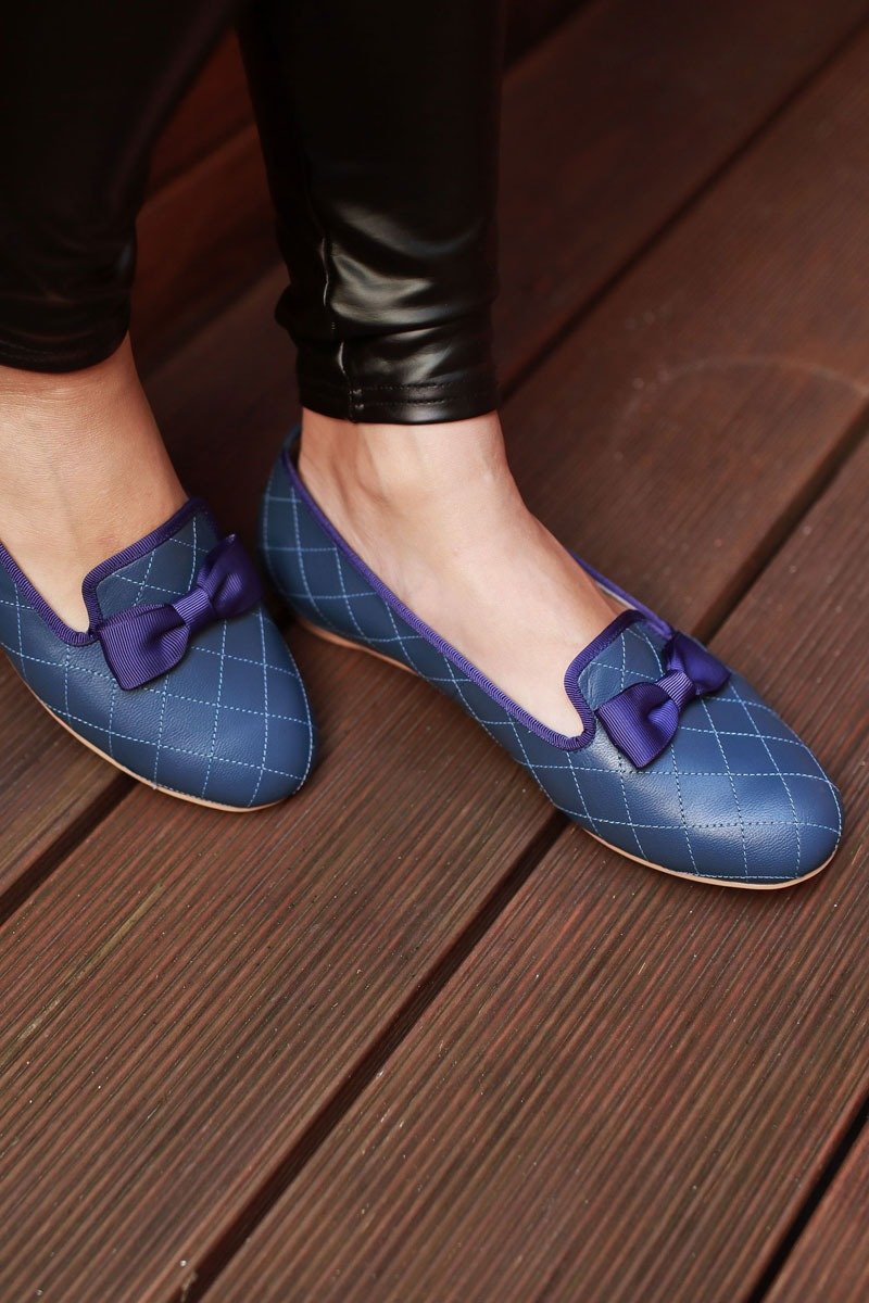 台湾手工鞋 小香风菱格乐福鞋 真皮皮鞋 平底娃娃鞋-时尚蓝 - 女款牛津鞋/乐福鞋 - 真皮 蓝色