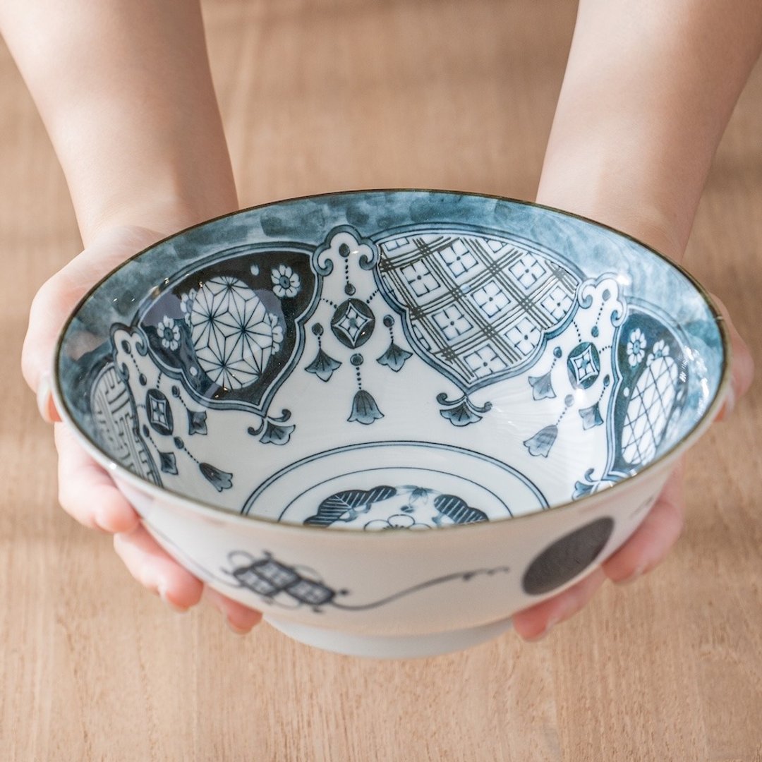 祥瑞系列 染付璎珞纹 面碗 (21cm) - 碗 - 瓷 蓝色