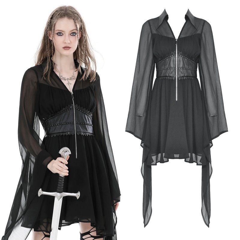 透视雪纺腰封大喇叭袖长袖洋装DARK IN LOVE台湾代理JDIDW892 - 洋装/连衣裙 - 其他材质 黑色