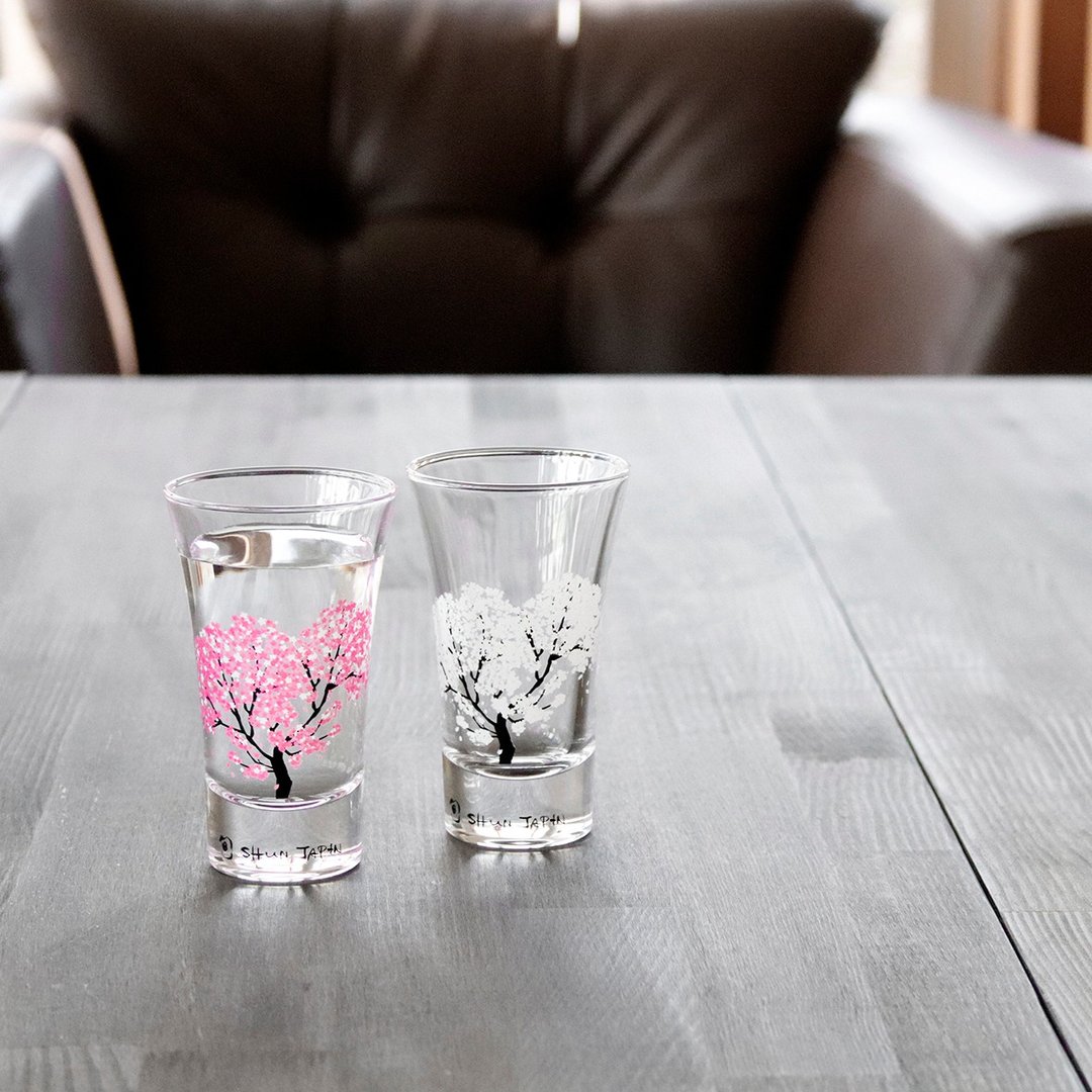 Cold feeling Sakura glass Tenkai pair set A vessel to enjoy the season when the color changes depending on the temperature - 酒杯/酒器 - 玻璃 粉红色