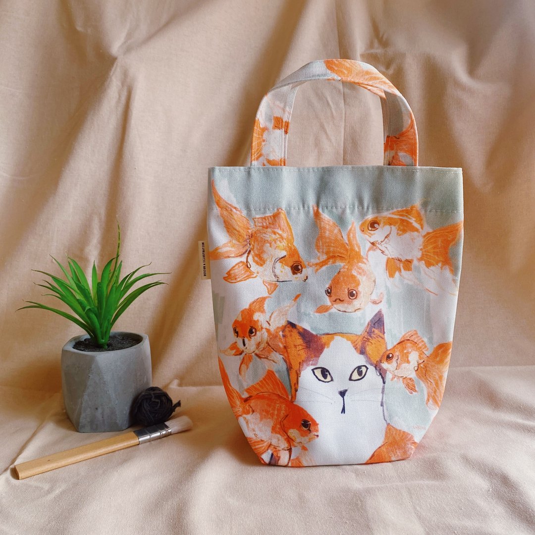 Lunch bag with  cat and goldfish - 手提包/手提袋 - 棉 橘色