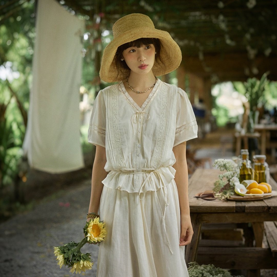 法国蕾丝古董小衫洋装|衬衫|连衣裙|夏款|Sora-1842 - 女装衬衫 - 棉 
