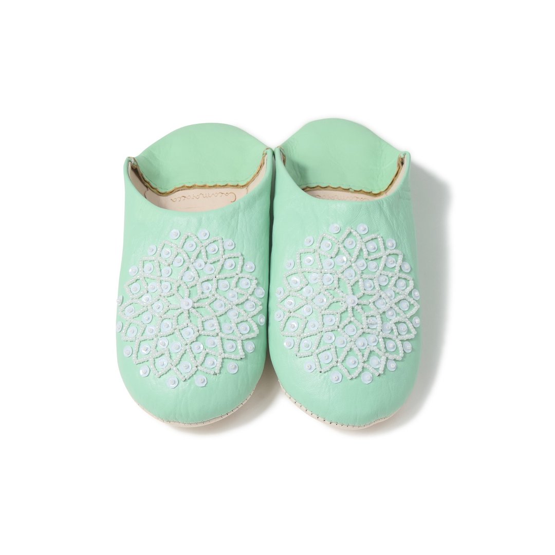 emerald / White / moroccan Leather babouche Slippers / High quality odourless - 室内拖鞋 - 真皮 绿色