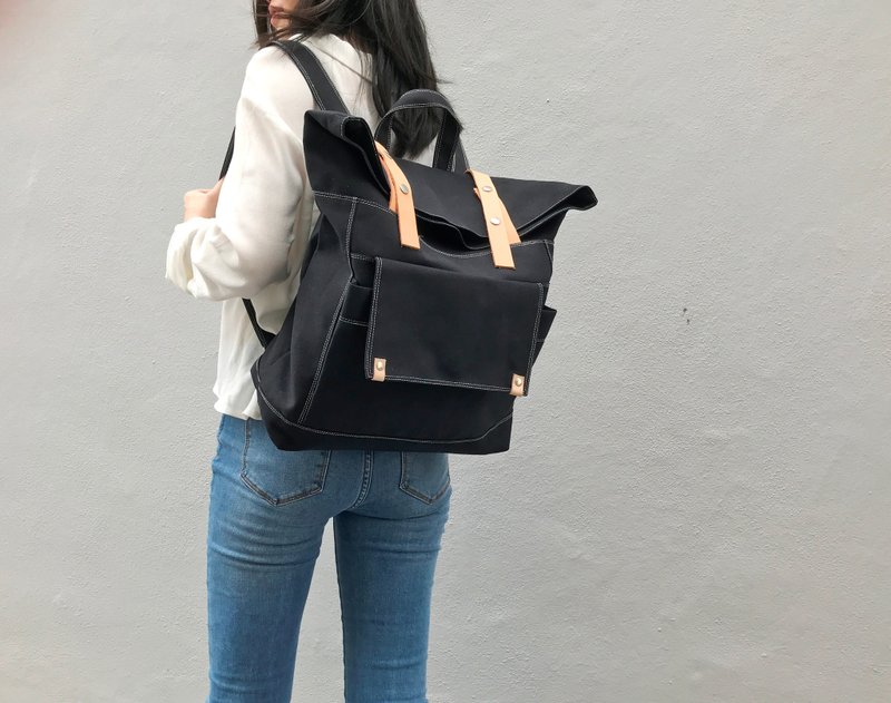 笔电包 旅行侧背包 皮革轻帆布背包 肩背包 - 艾莉森-no.105黑色 - 后背包/双肩包 - 真皮 黑色