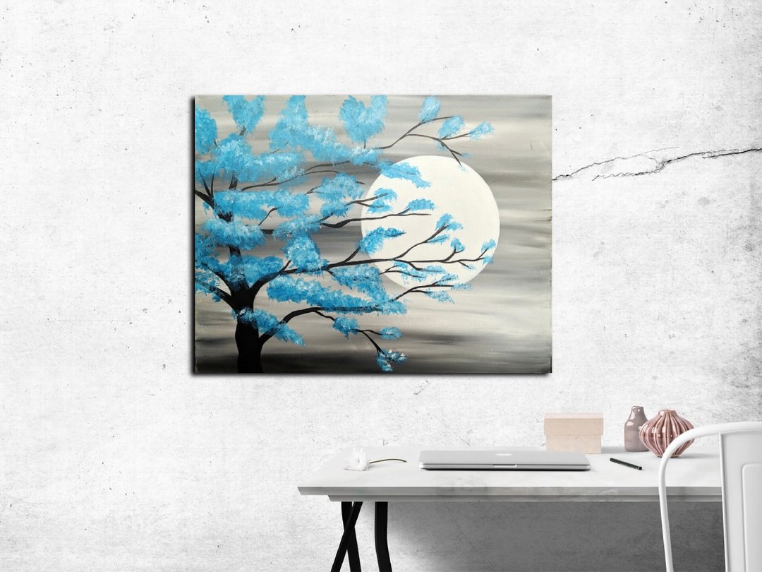 Moon Painting, Tree Art, Orignal Painting, Landscape Painting, Wall Decor - 墙贴/壁贴 - 压克力 灰色