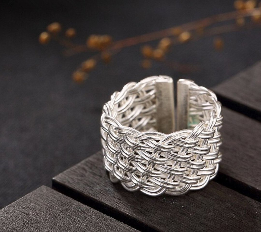 Real 925 Sterling Silver Rings Women Delicated Handmade Weave Wide Finger Ring - 戒指 - 银 银色