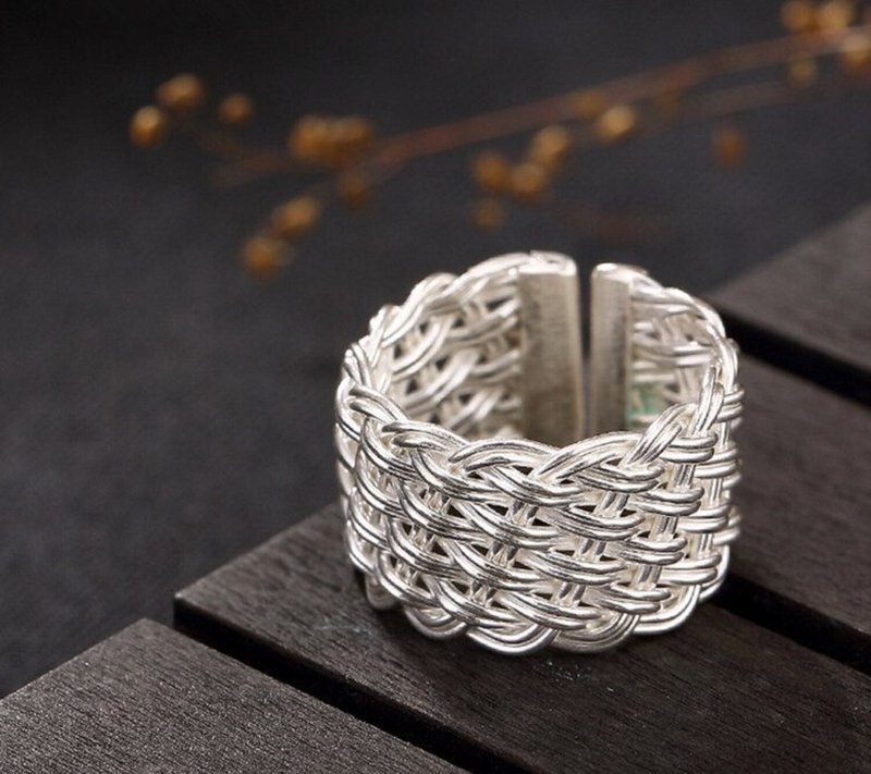 Real 925 Sterling Silver Rings Women Delicated Handmade Weave Wide Finger Ring - 戒指 - 银 银色