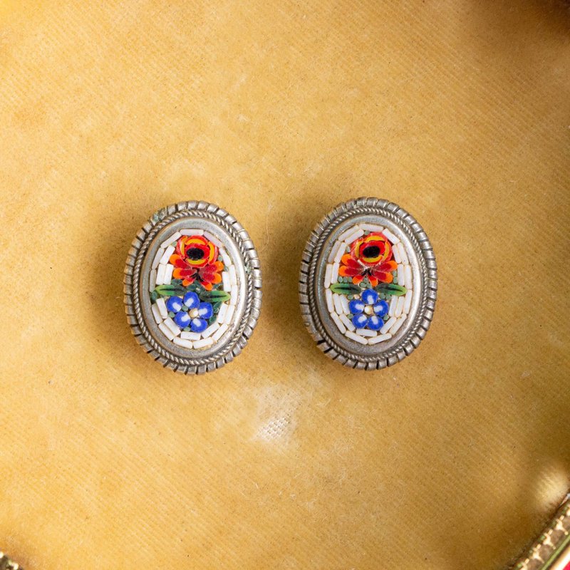 意大利古董 微镶马赛克传统工艺 古银色白底红蓝花耳夹 - 耳环/耳夹 - 玻璃 多色