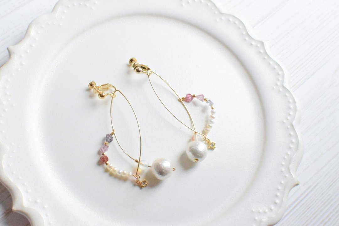 Spinel cotton pearl - 耳环/耳夹 - 宝石 多色