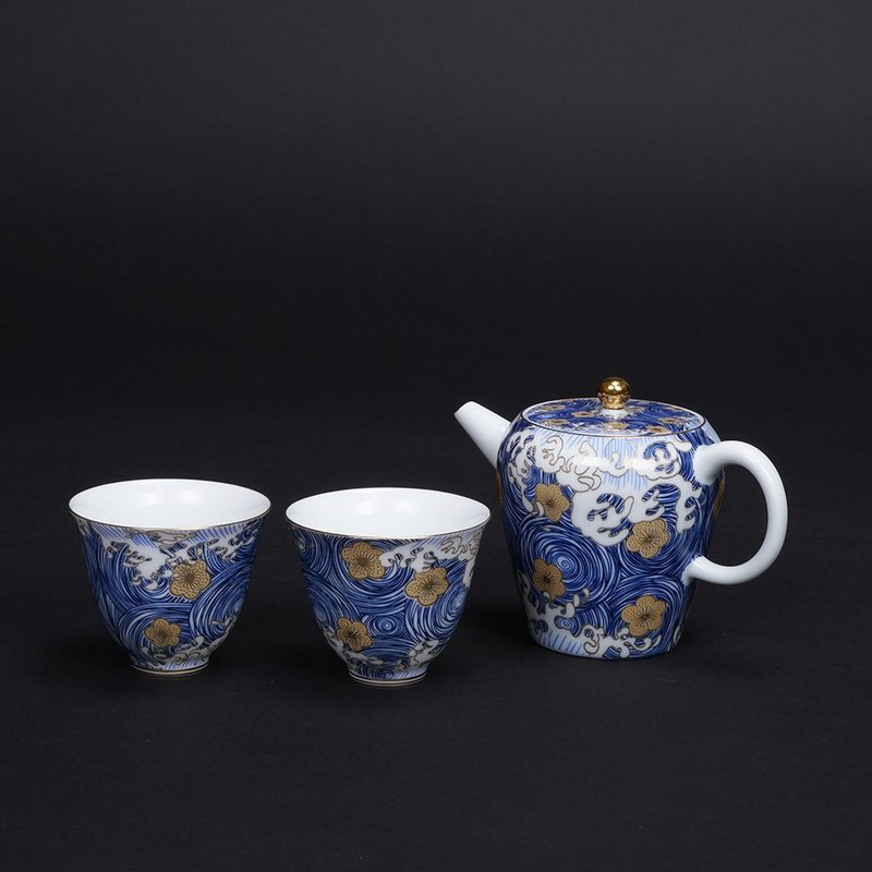 陶瓷青花瓷 茶具组│1 壶 2 杯│星月浪花│描金 - 茶具/茶杯 - 瓷 蓝色