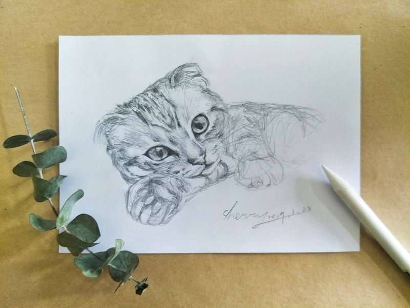 定制化 手绘素描宠物肖像画 (5x7) - 订制画像 - 纸 卡其色