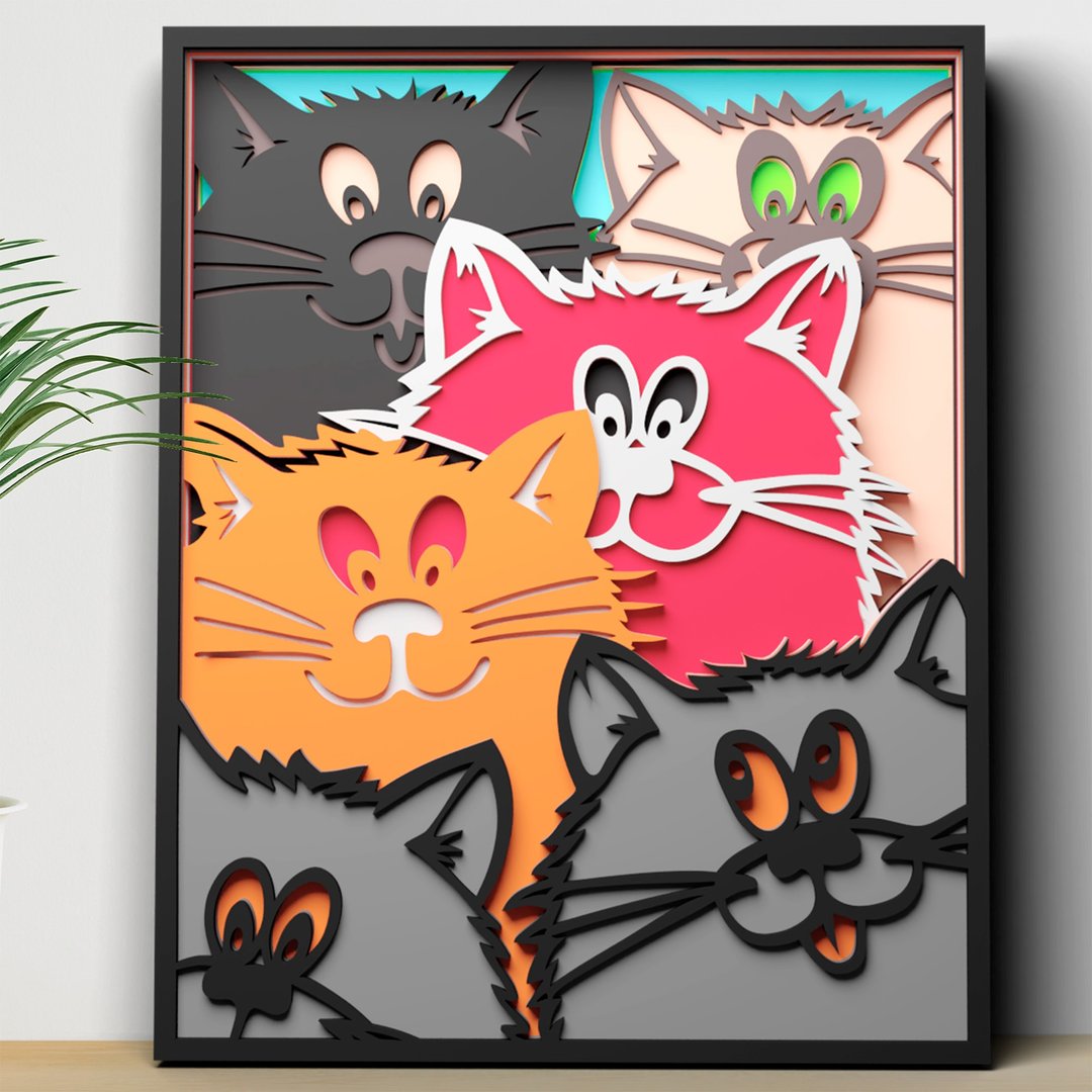 用于 Cricut 的 Cats 多层 SVG 文件、用于家居装饰面板的激光切 - 图文模板设计 - 其他材质 