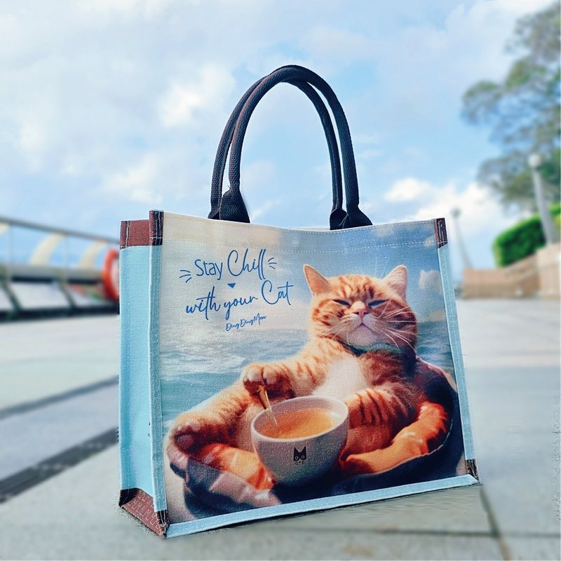 猫猫帆布托特包 - Stay Chill with your cats - 侧背包/斜挎包 - 棉．麻 蓝色