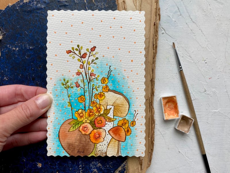 Mushroom painting Autumn Original art Mini watercolor Floral artwork by Rubinova - 海报/装饰画/版画 - 纸 多色