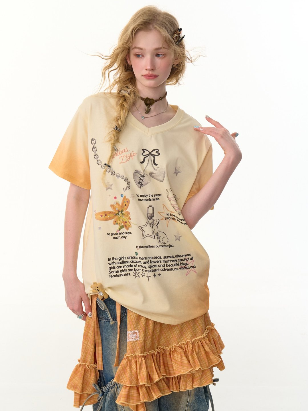 ziziFei夏美式复古设计感渐变色印花上衣宽松显瘦v领短袖大t恤女 - 女装 T 恤 - 其他材质 