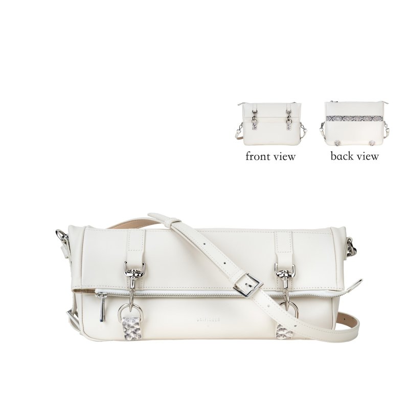 月神系列/箭囊变型包白色 全粒面小牛皮拼原花蛇皮 可折叠双面背 - 侧背包/斜挎包 - 真皮 白色