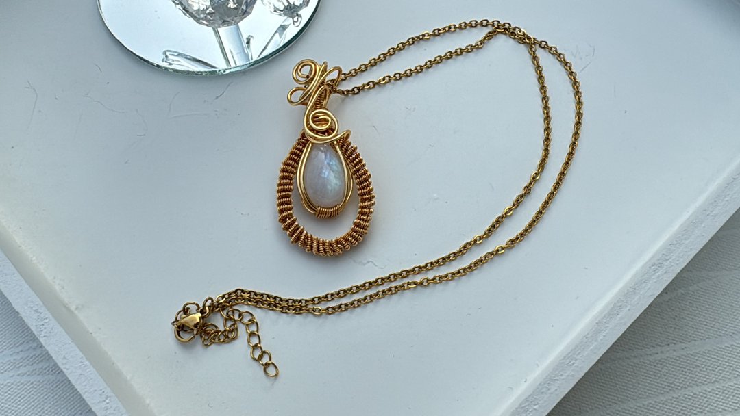 #230256 wire wrapping 月亮石 铜线 绕线 吊堕 - 项链 - 铜/黄铜 白色