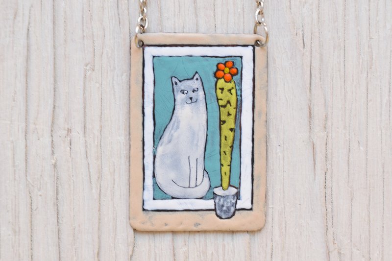 Home Sweet Home, Cactus, Cactus In Pot, Cat Necklace, Enamel Necklace, White Cat - 项链 - 珐琅 