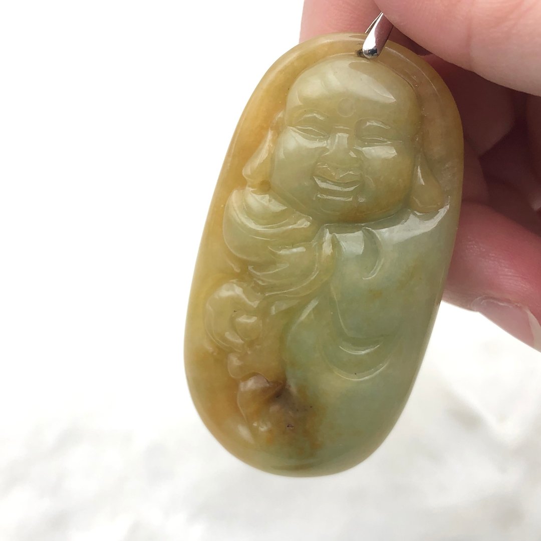 带财弥勒-缅甸A货黄翡吊坠项链佛公/送礼/生日/长辈主管 - 长链 - 玉石 黄色