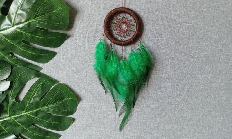 Small dream catcher wall decor. Brown and green dream catcher wall hanging - 墙贴/壁贴 - 其他材质 绿色