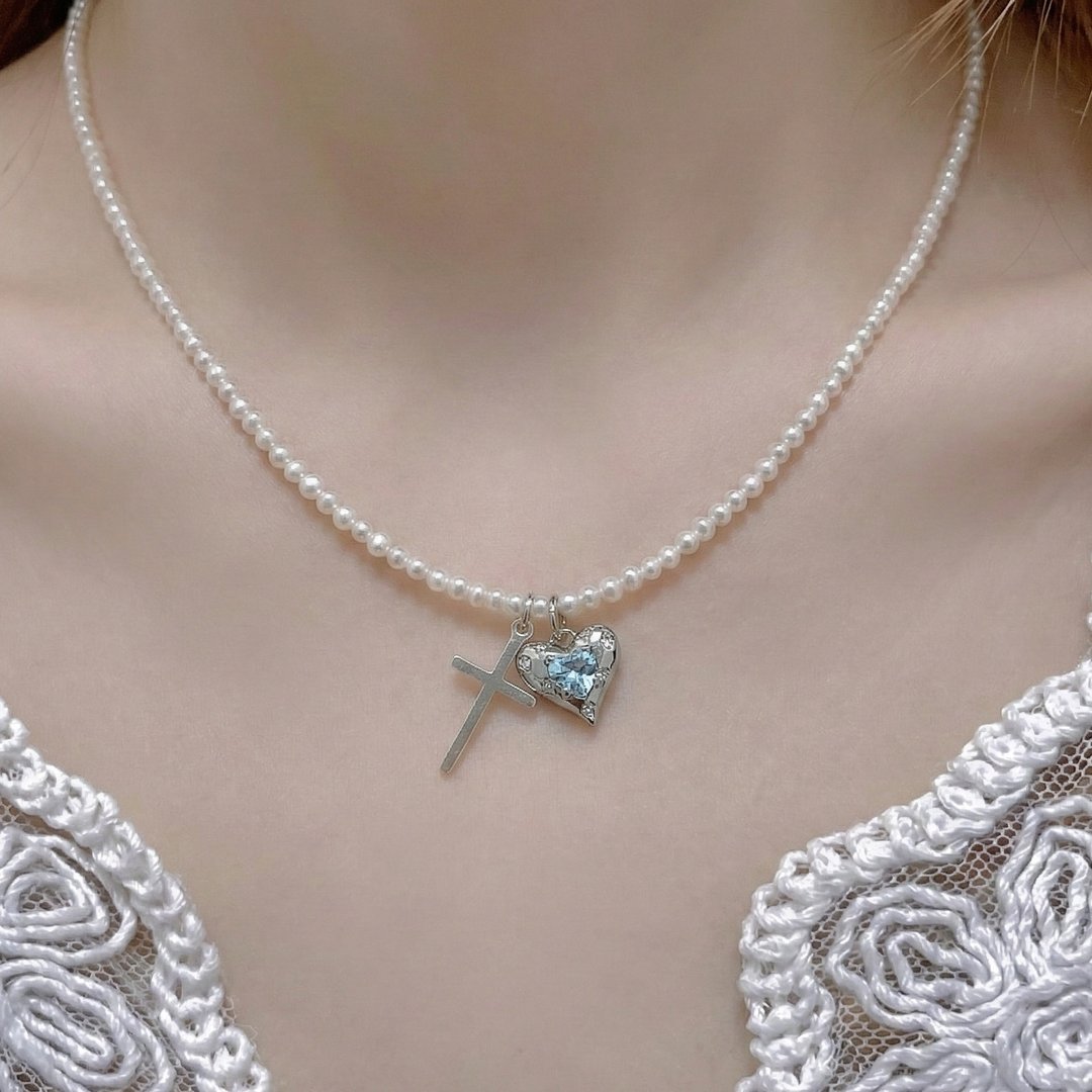 Grace Heart-2mm 天然淡水 baby 珍珠 925 实心纯银十字架 爱心项链 - 项链 - 珍珠 