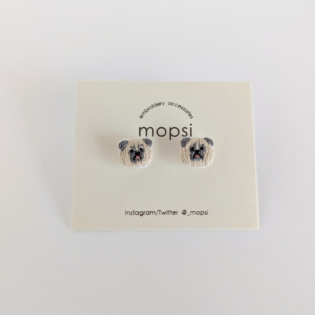 pug embroidered earrings/ Clip-On - 耳环/耳夹 - 绣线 多色