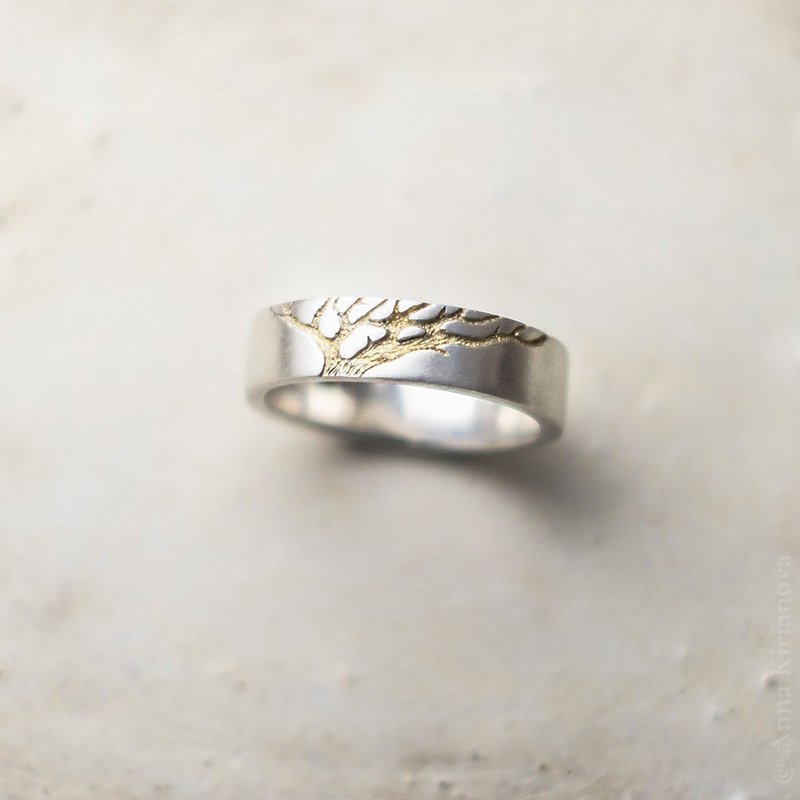 Gold Tree of Life Ring (matte surface) - 戒指 - 纯银 银色