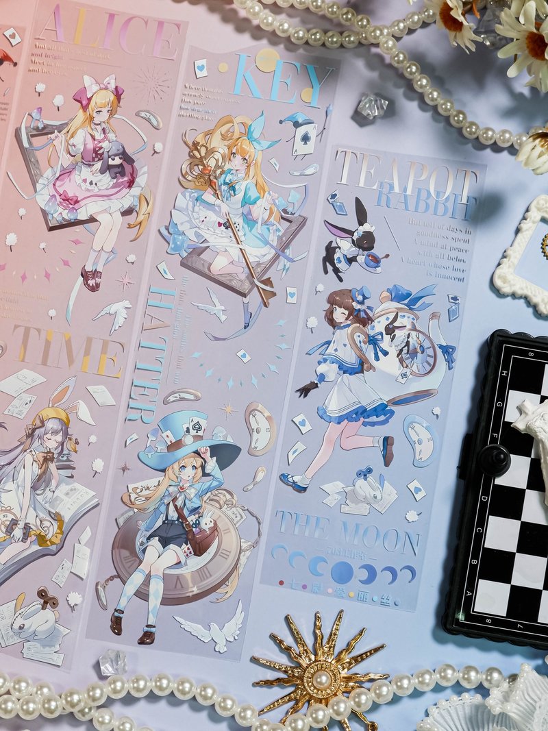 七彩爱丽丝 ゆめかわ少女 英字デザイン PET 和紙膠帶 台灣製 - 纸胶带 - 其他材质 多色