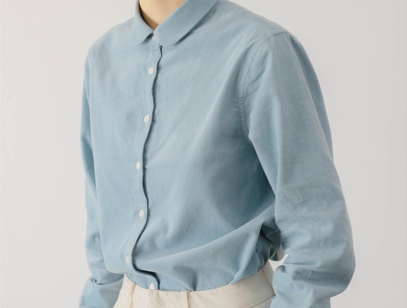 【彼得潘】法式复古 清新婴儿蓝灯芯绒长袖衬衫 - 女装衬衫 - 棉．麻 蓝色